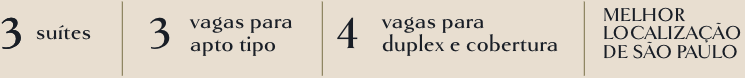 3 suítes, 3 vagas para apto tipo e 4 vagas para duplex ou cobertura